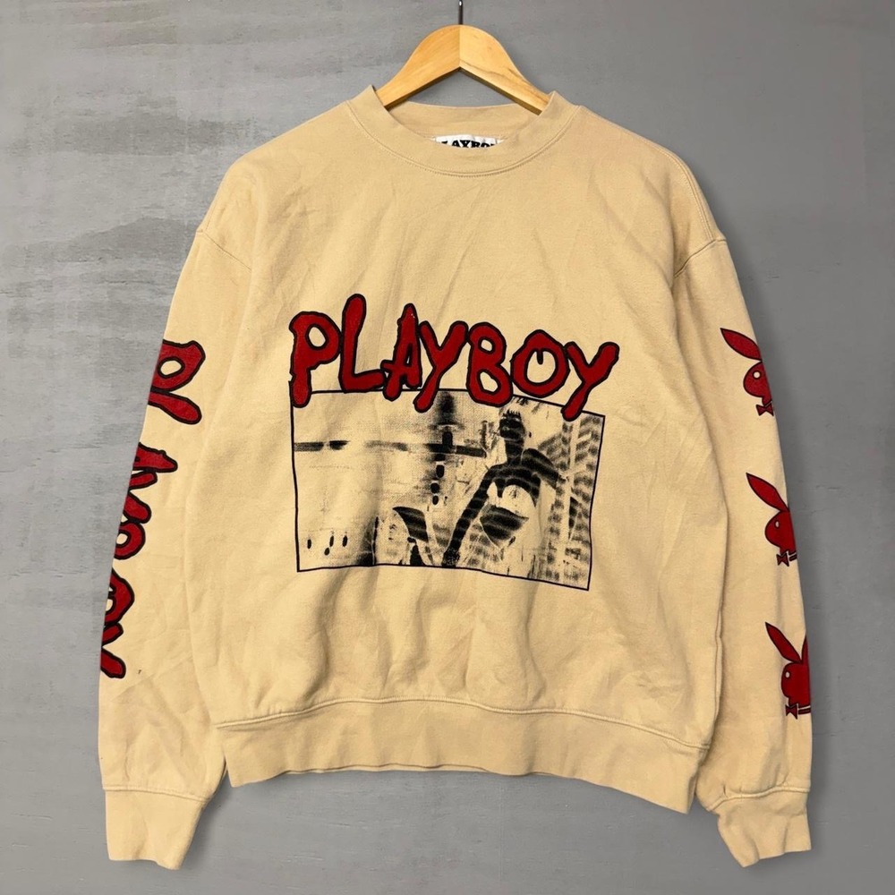 Playboy by PacSun Sweatshirt Tan Graphic Bunny Logo Sleeve Print Small